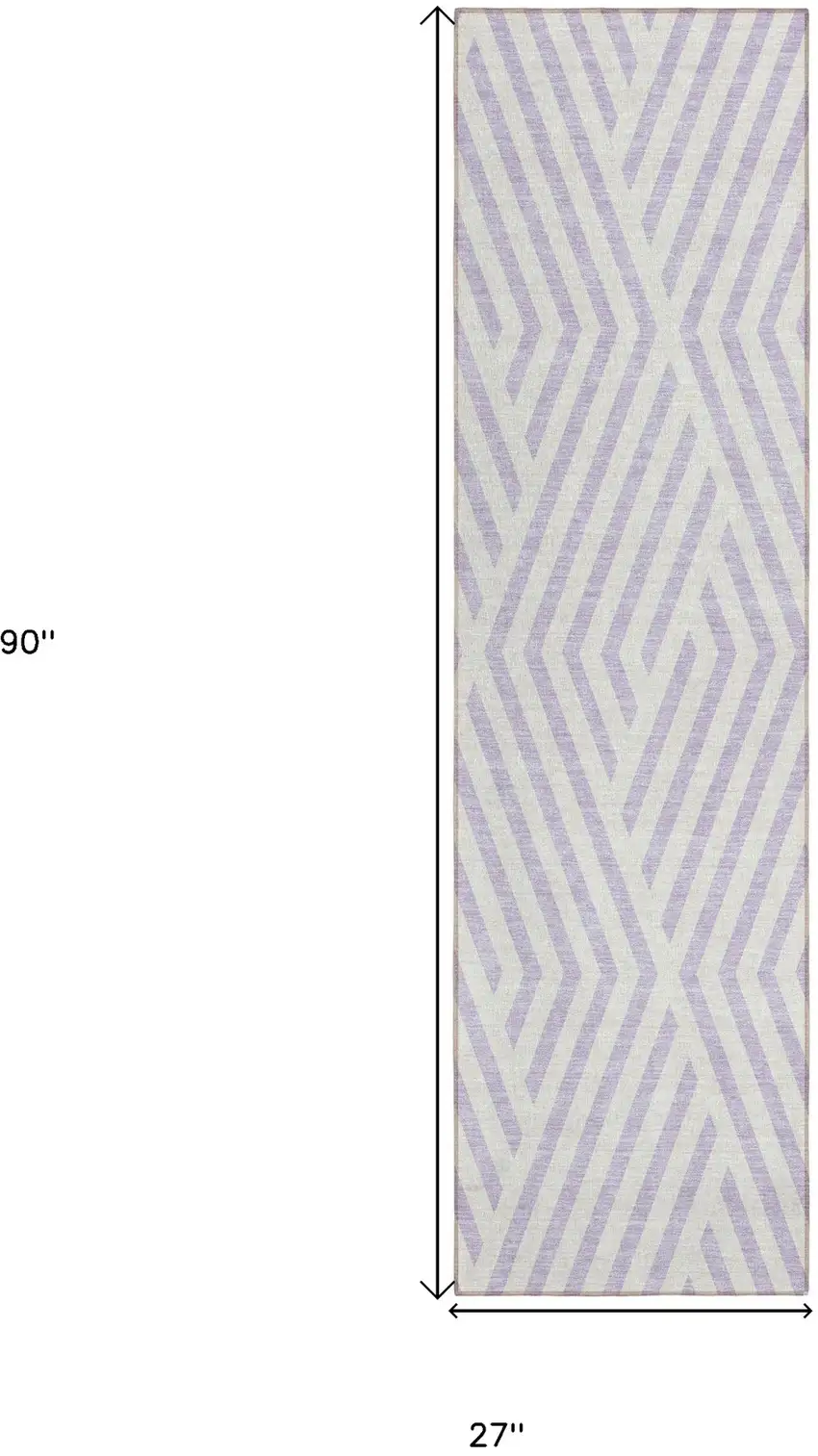 8' Runner Lavender and Ivory Geometric Washable Non Skid Indoor Outdoor Runner Rug Photo 3