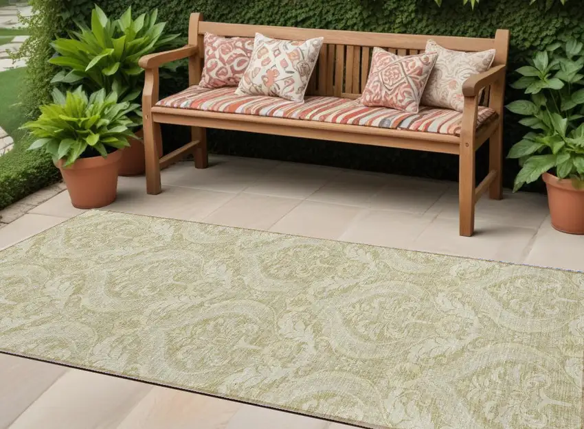 8' Runner Light Green Damask Washable Non Skid Indoor Outdoor Runner Rug Photo 1