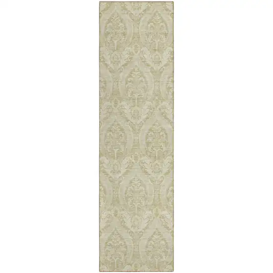 Light Green Damask Washable Non Skid Indoor Outdoor Runner Rug Photo 2