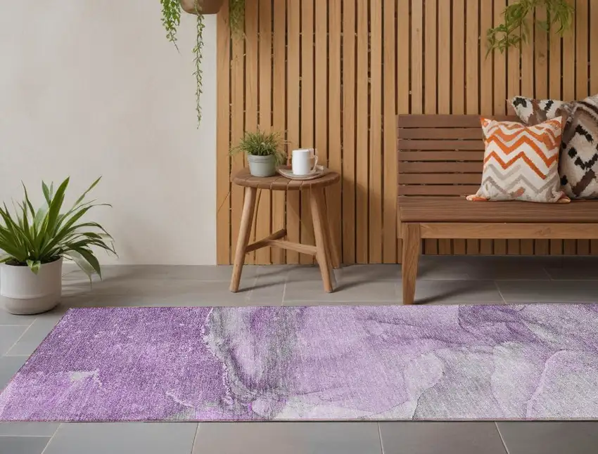 Lilac Abstract Washable Non Skid Indoor Outdoor Runner Rug Photo 1