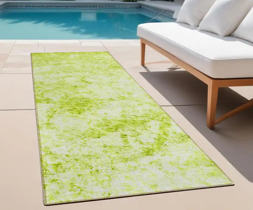 Lime Green Abstract Washable Non Skid Indoor Outdoor Runner Rug Photo 1