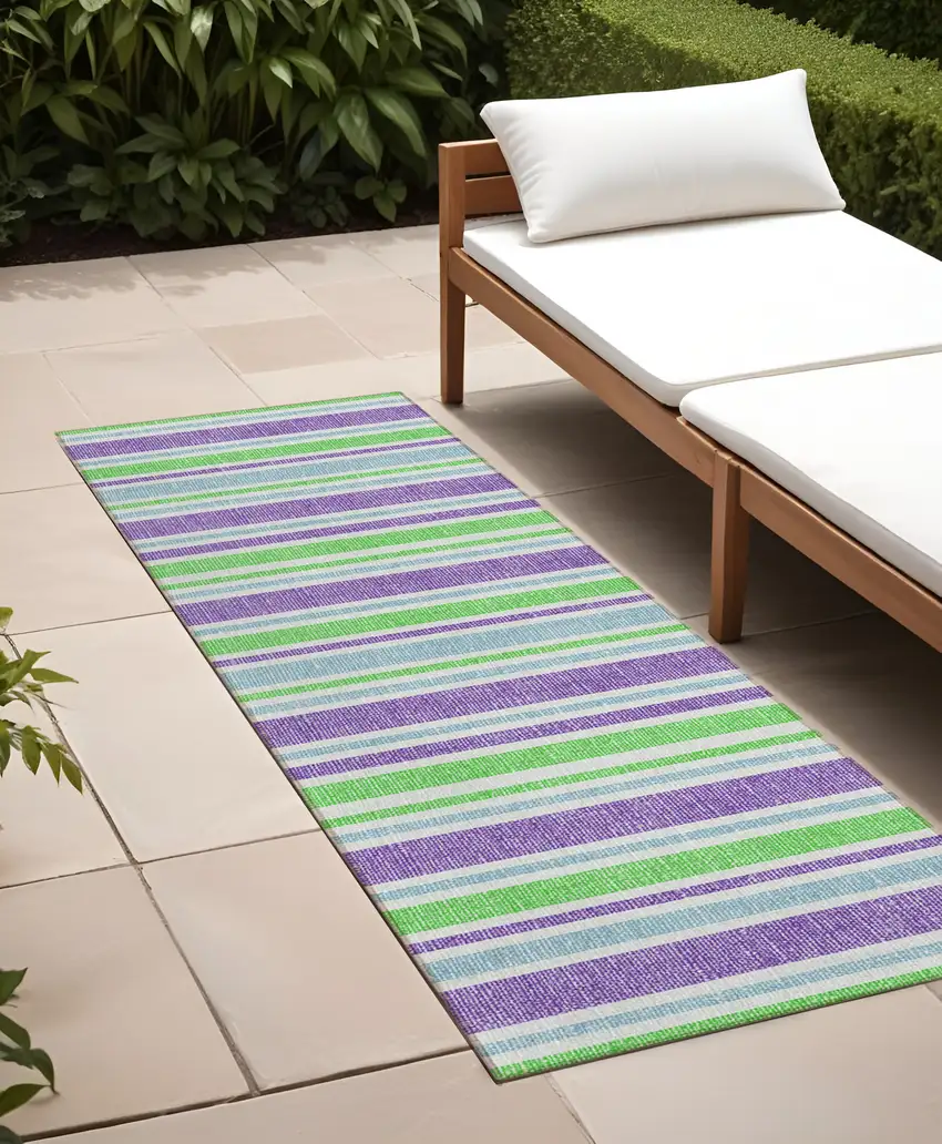 Green Purple and Blue Striped Washable Non Skid Indoor Outdoor Runner Rug Photo 1