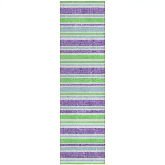 Green Purple and Blue Striped Washable Non Skid Indoor Outdoor Runner Rug Photo 2