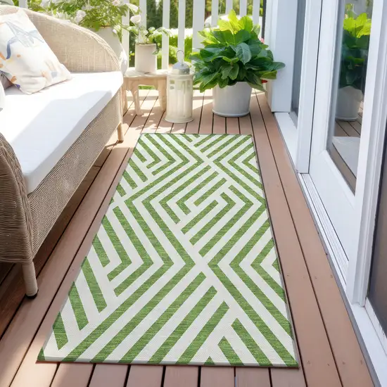 8' Runner Lime Green and White Geometric Washable Non Skid Indoor Outdoor Runner Rug Photo 8