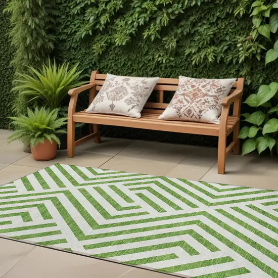 8' Runner Lime Green and White Geometric Washable Non Skid Indoor Outdoor Runner Rug Photo 1