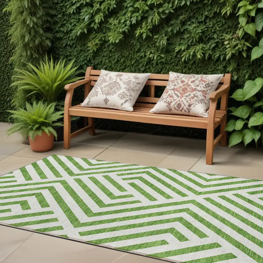 8' Runner Lime Green and White Geometric Washable Non Skid Indoor Outdoor Runner Rug Photo 1