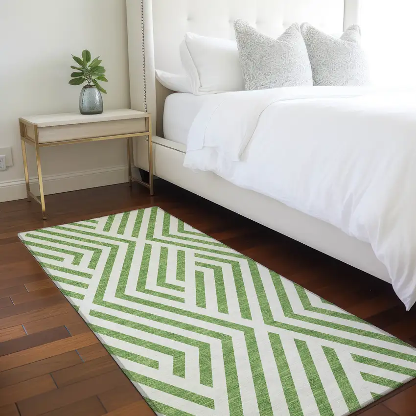8' Runner Lime Green and White Geometric Washable Non Skid Indoor Outdoor Runner Rug Photo 9
