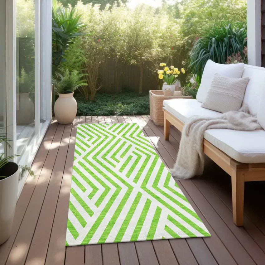 Lime Green and White Geometric Washable Non Skid Indoor Outdoor Runner Rug Photo 8