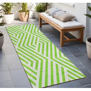 Photo of 8' Runner Lime Green and White Geometric Washable Non Skid Indoor Outdoor Runner Rug
