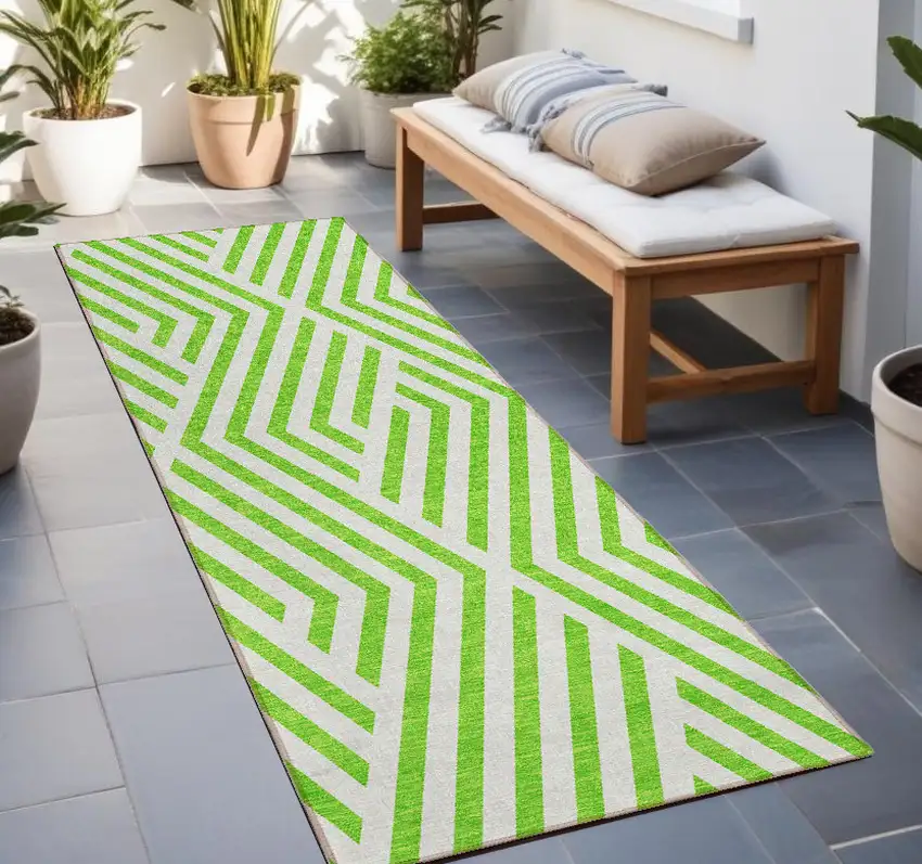 8' Runner Lime Green and White Geometric Washable Non Skid Indoor Outdoor Runner Rug Photo 1