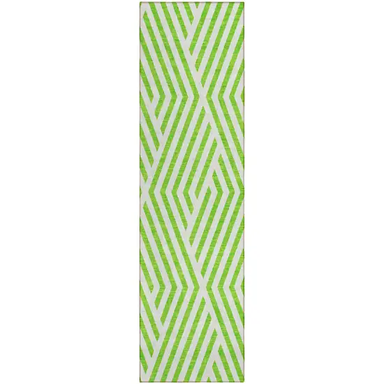 Lime Green and White Geometric Washable Non Skid Indoor Outdoor Runner Rug Photo 2