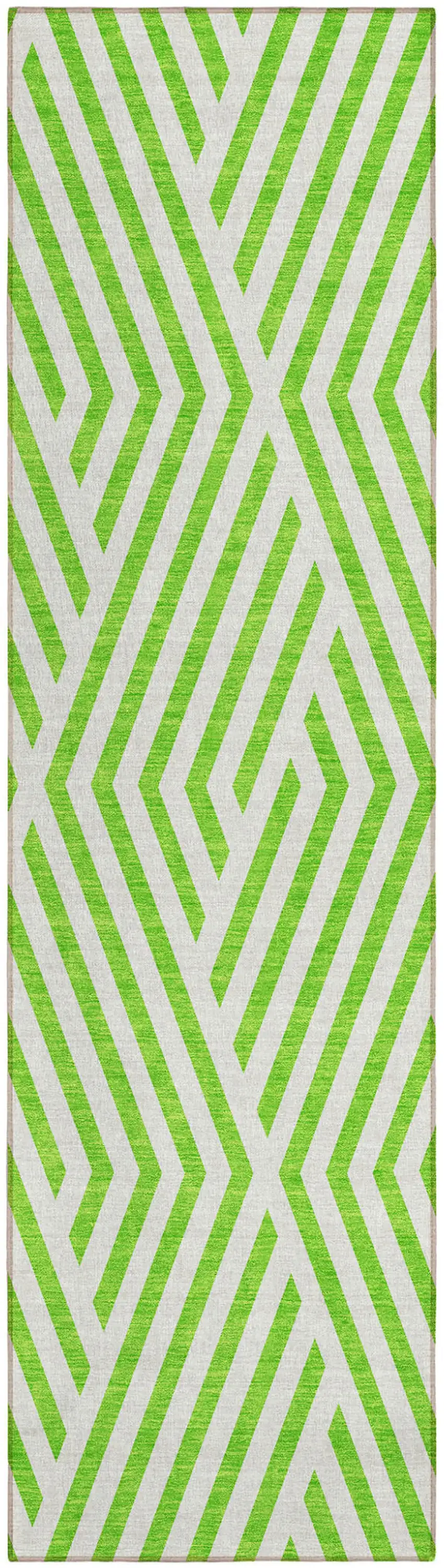 Lime Green and White Geometric Washable Non Skid Indoor Outdoor Runner Rug Photo 2