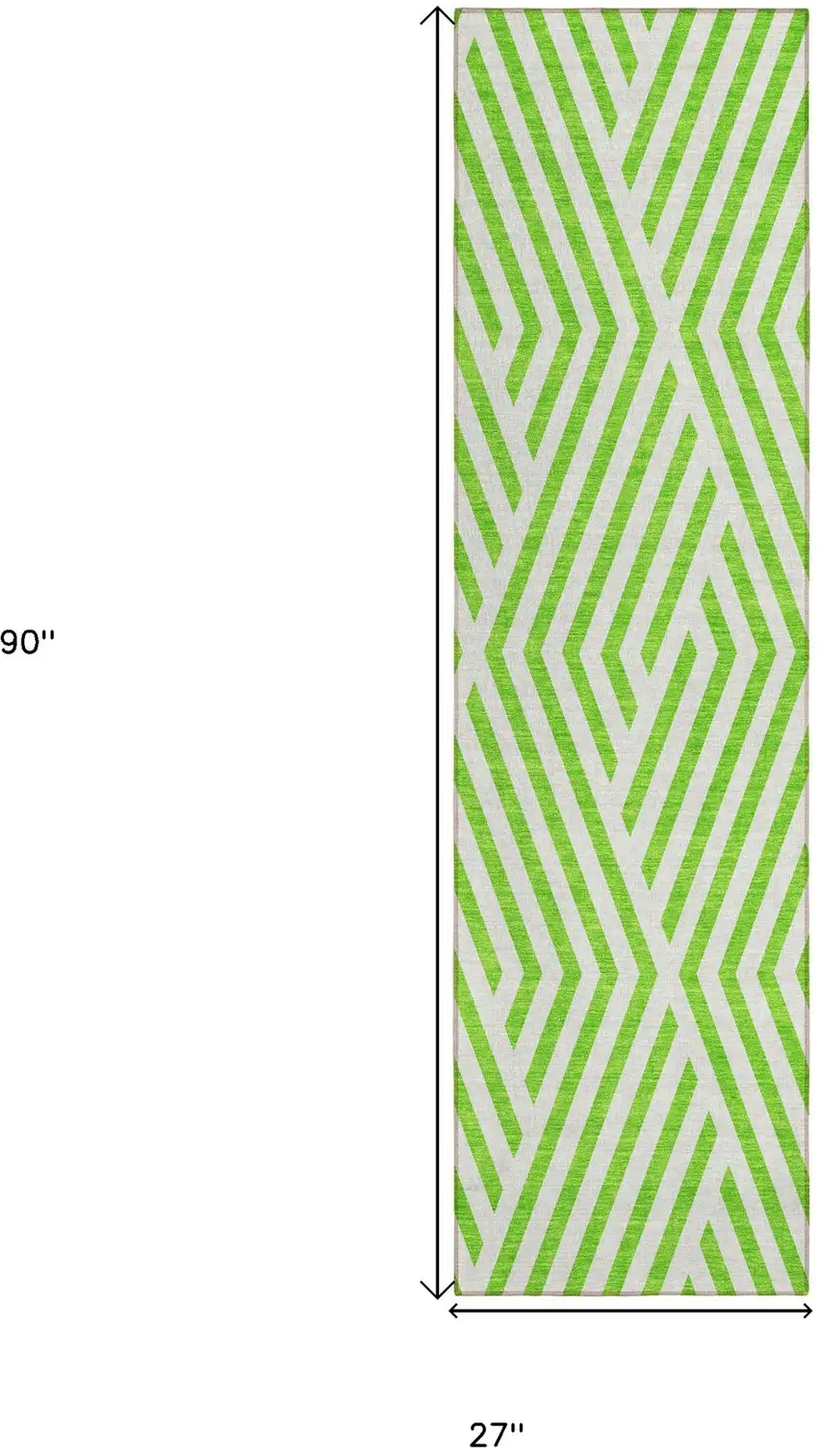 Lime Green and White Geometric Washable Non Skid Indoor Outdoor Runner Rug Photo 3