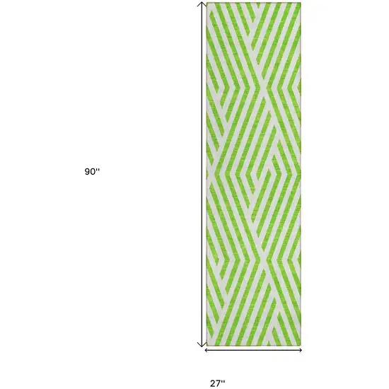 Lime Green and White Geometric Washable Non Skid Indoor Outdoor Runner Rug Photo 3