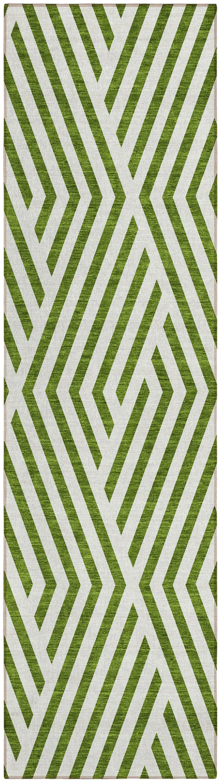 Lime Green and White Geometric Washable Non Skid Indoor Outdoor Runner Rug Photo 2