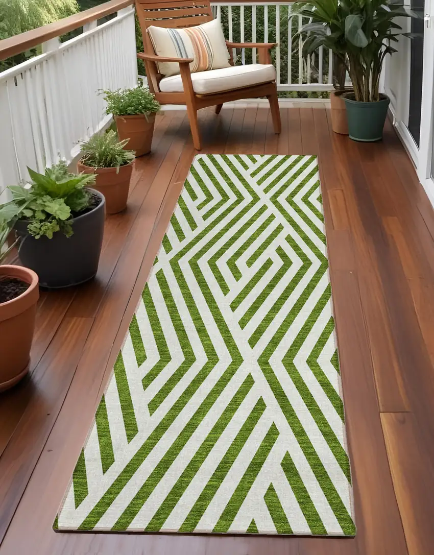 Lime Green and White Geometric Washable Non Skid Indoor Outdoor Runner Rug Photo 1