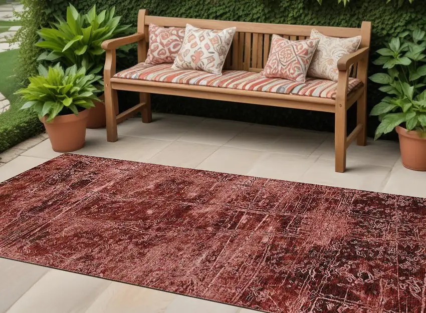 8' Runner Merlot Abstract Washable Non Skid Indoor Outdoor Runner Rug Photo 1