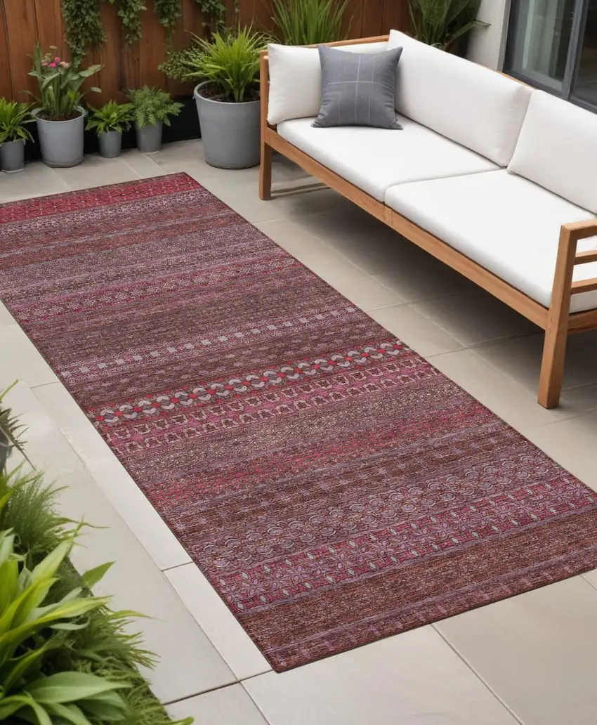 Merlot Striped Washable Indoor Outdoor Runner Rug Photo 1