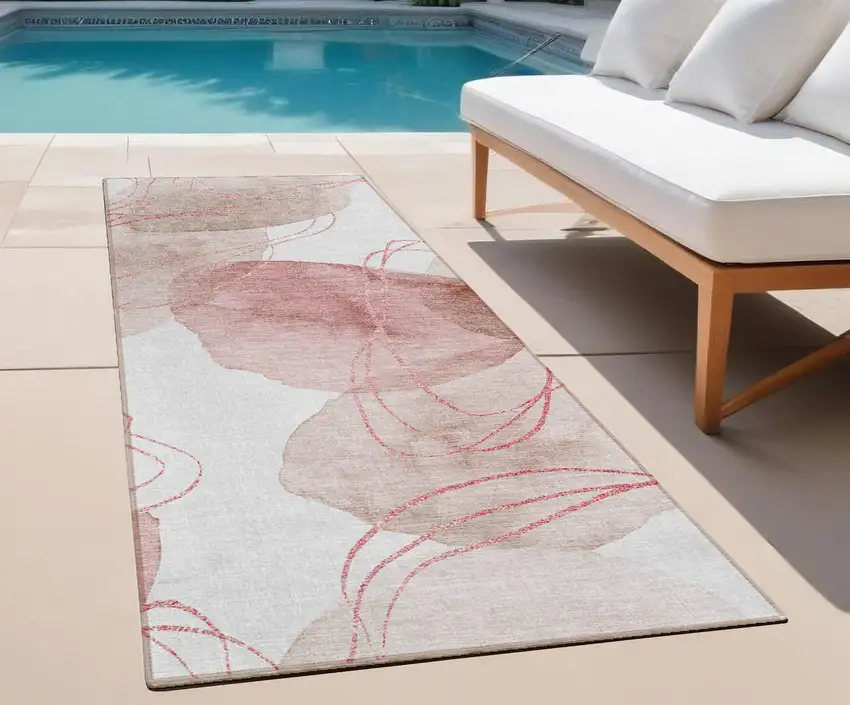 8' Runner Merlot and Ivory Abstract Washable Non Skid Indoor Outdoor Runner Rug Photo 1