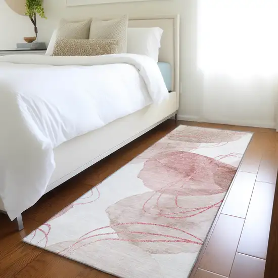 Merlot and Ivory Abstract Washable Non Skid Indoor Outdoor Runner Rug Photo 8