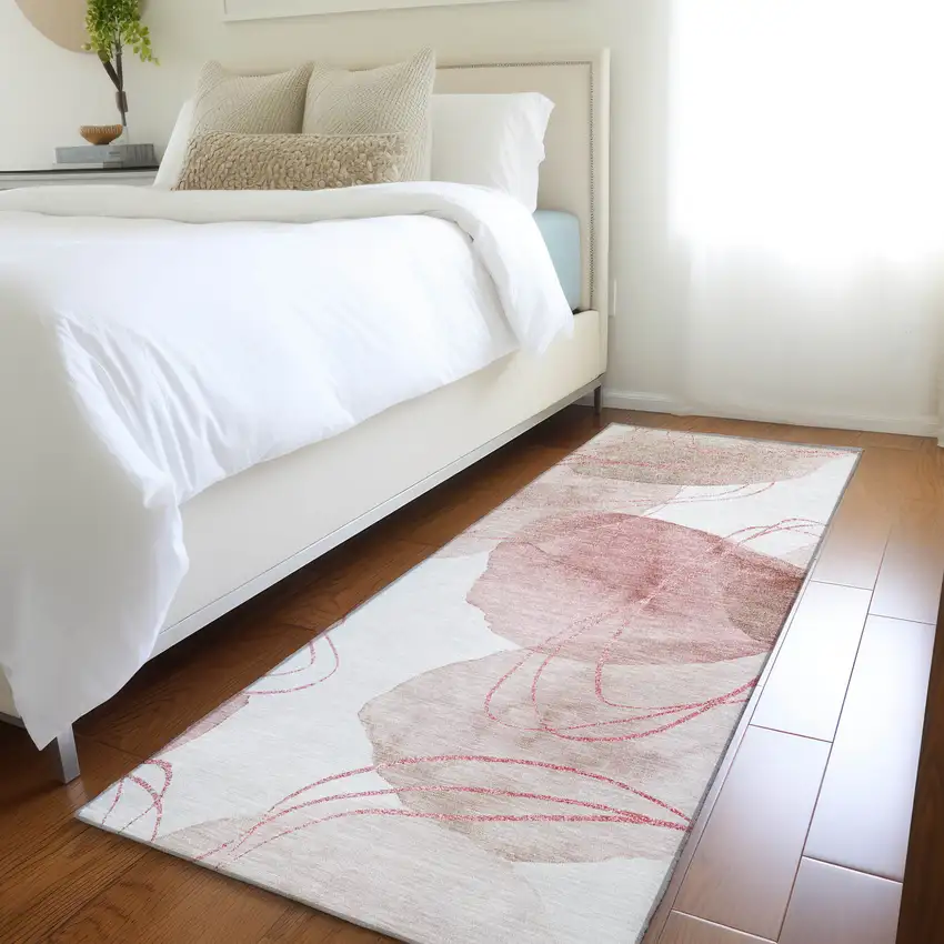 Merlot and Ivory Abstract Washable Non Skid Indoor Outdoor Runner Rug Photo 8