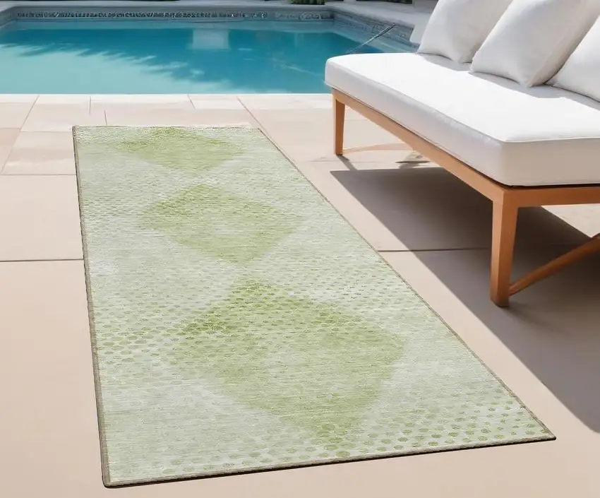 Mint Green Geometric Washable Non Skid Indoor Outdoor Runner Rug Photo 1