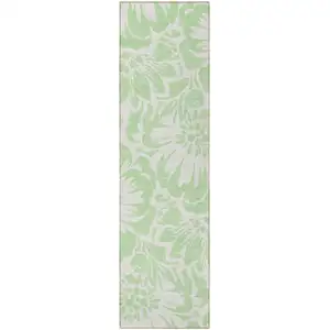 Photo of 8' Runner Mint Green and Ivory Floral Washable Non Skid Indoor Outdoor Runner Rug