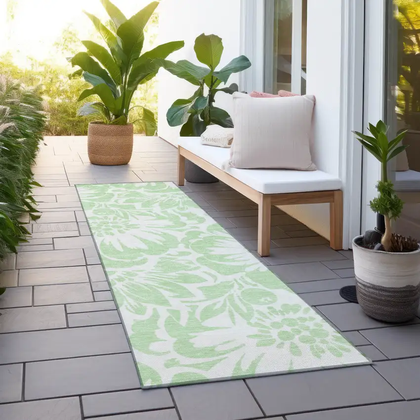 Mint Green and Ivory Floral Washable Non Skid Indoor Outdoor Runner Rug Photo 8