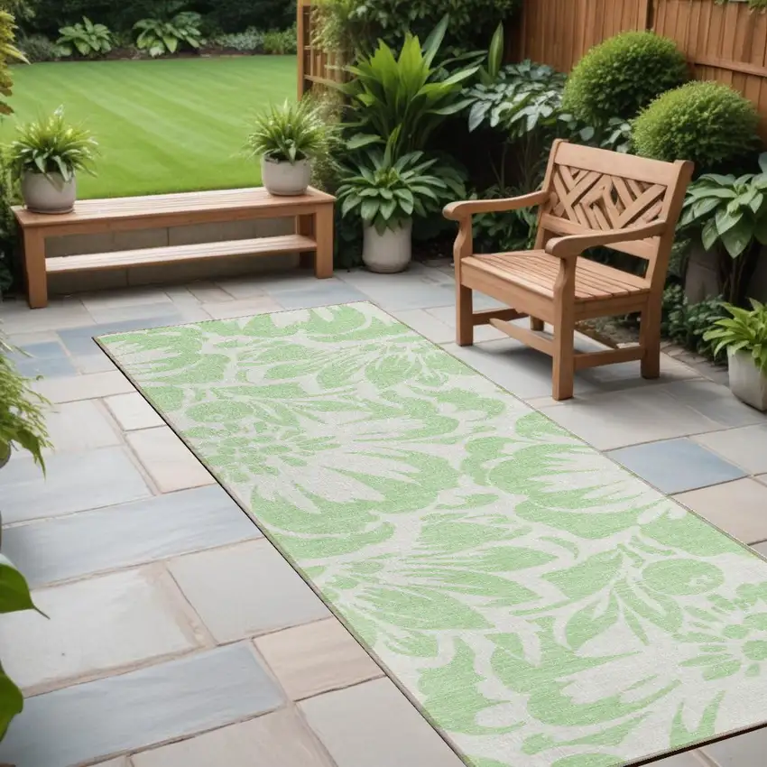 Mint Green and Ivory Floral Washable Non Skid Indoor Outdoor Runner Rug Photo 1