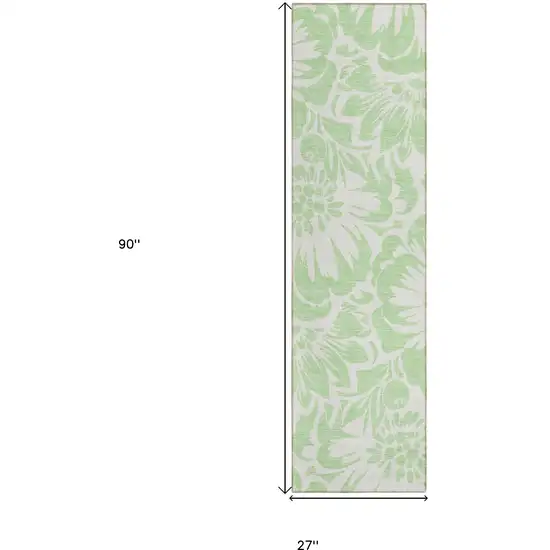 8' Runner Mint Green and Ivory Floral Washable Non Skid Indoor Outdoor Runner Rug Photo 3