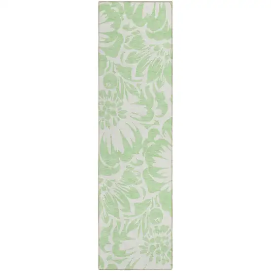 8' Runner Mint Green and Ivory Floral Washable Non Skid Indoor Outdoor Runner Rug Photo 2