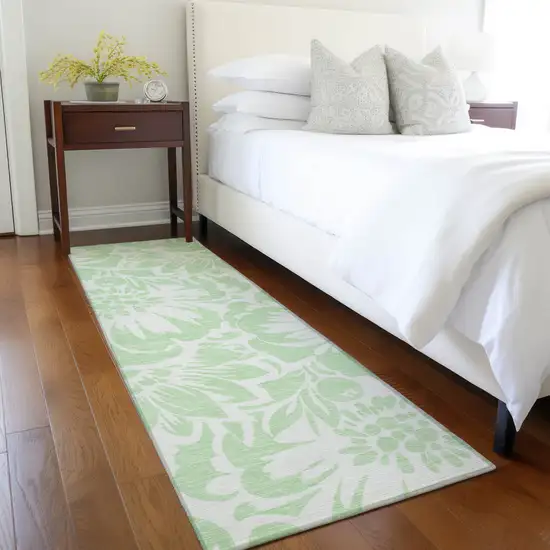 Mint Green and Ivory Floral Washable Non Skid Indoor Outdoor Runner Rug Photo 9