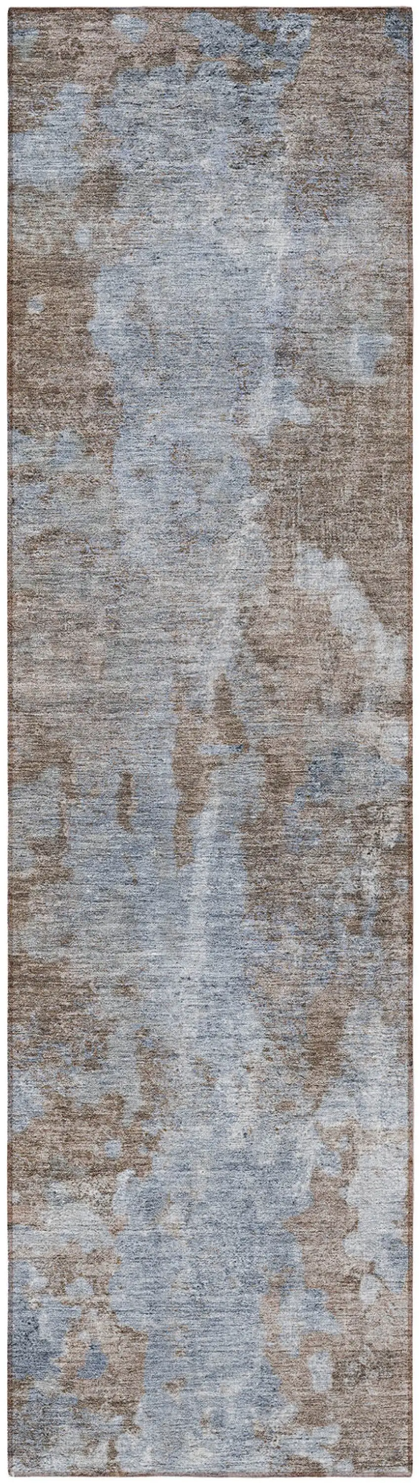 8' Runner Mocha and Blue Abstract Washable Non Skid Indoor Outdoor Runner Rug Photo 5