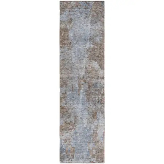 8' Runner Mocha and Blue Abstract Washable Non Skid Indoor Outdoor Runner Rug Photo 4