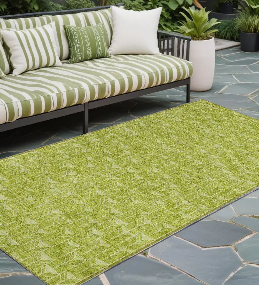 8' Runner Moss Green Geometric Washable Non Skid Indoor Outdoor Runner Rug Photo 1
