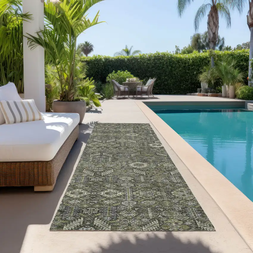 8' Runner Moss Green and Gray Floral Washable Non Skid Indoor Outdoor Runner Rug Photo 8