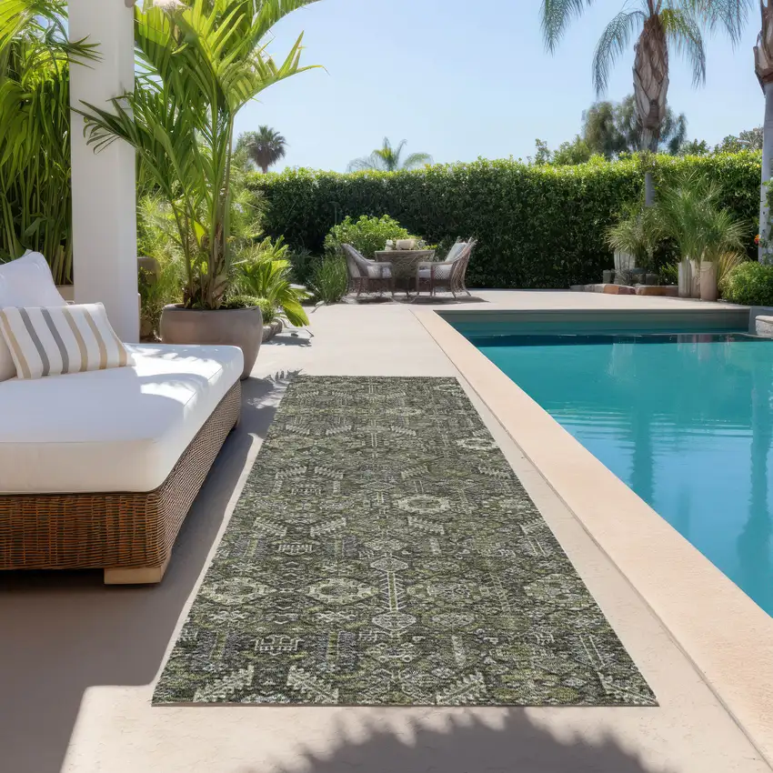 8' Runner Moss Green and Gray Floral Washable Non Skid Indoor Outdoor Runner Rug Photo 8