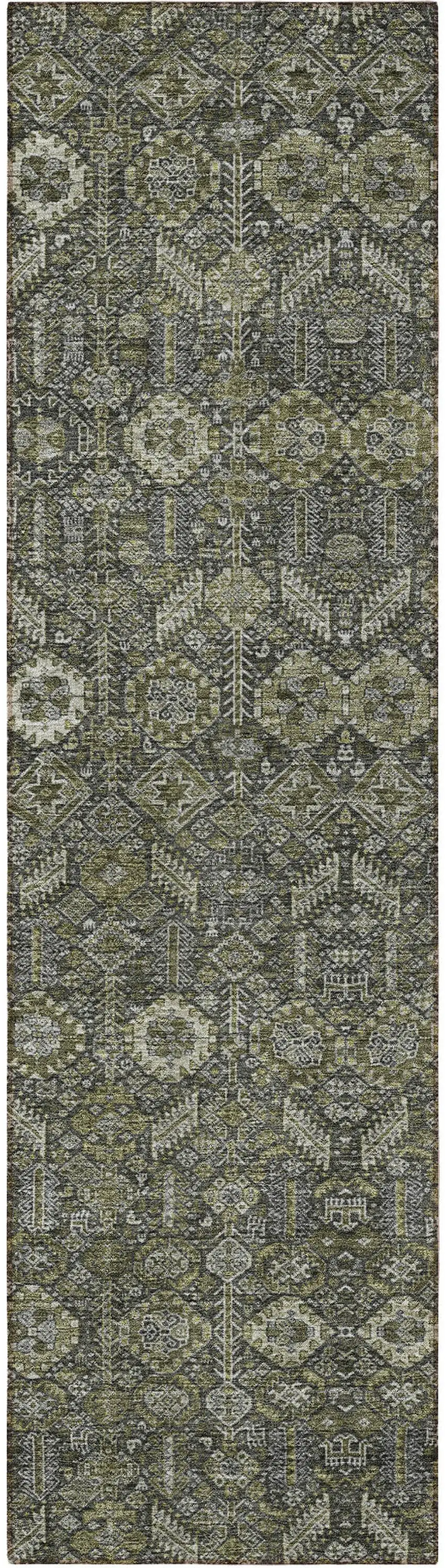 8' Runner Moss Green and Gray Floral Washable Non Skid Indoor Outdoor Runner Rug Photo 4
