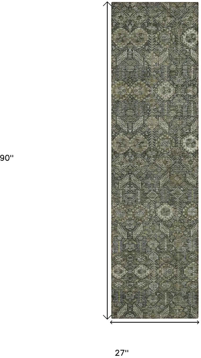 8' Runner Moss Green and Gray Floral Washable Non Skid Indoor Outdoor Runner Rug Photo 3