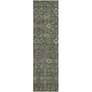 Photo of 8' Runner Moss Green and Gray Floral Washable Non Skid Indoor Outdoor Runner Rug