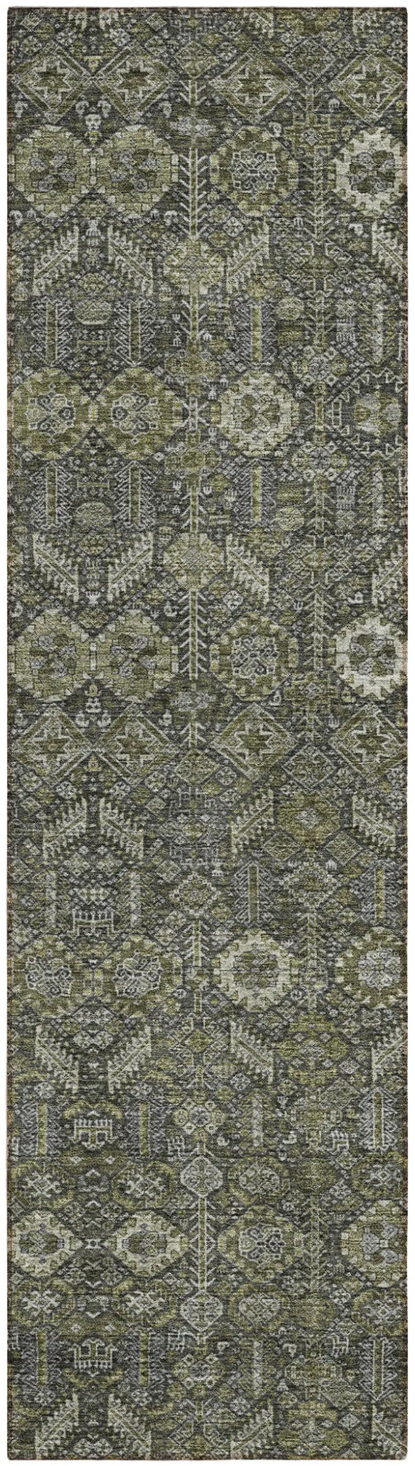 8' Runner Moss Green and Gray Floral Washable Non Skid Indoor Outdoor Runner Rug Photo 2