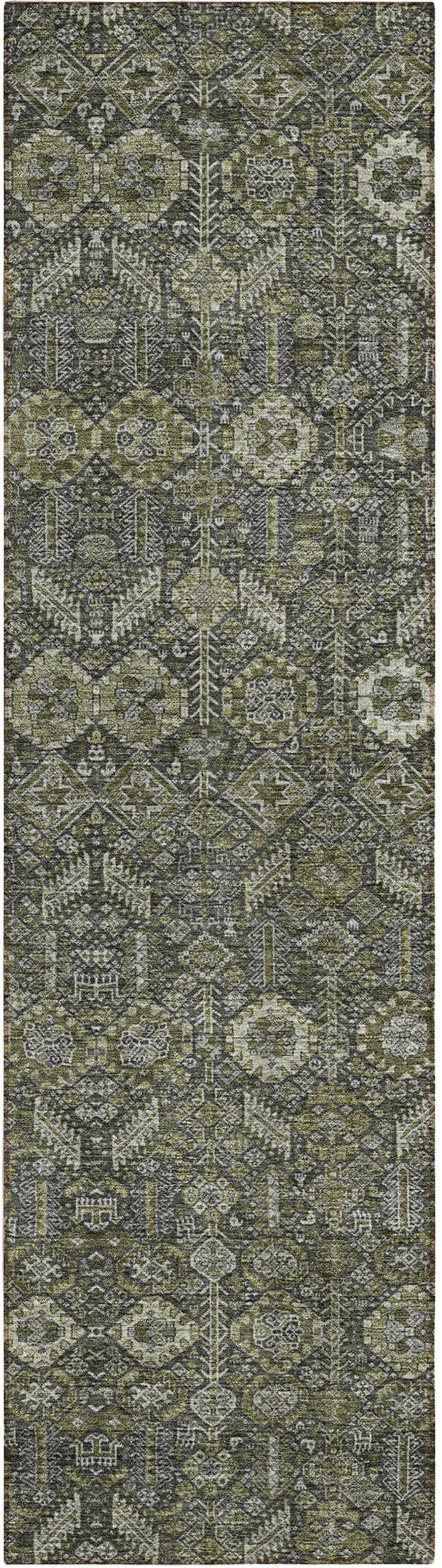 8' Runner Moss Green and Gray Floral Washable Non Skid Indoor Outdoor Runner Rug Photo 2