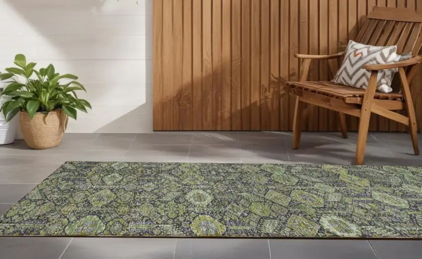 Moss Green and Gray Floral Washable Non Skid Indoor Outdoor Runner Rug Photo 1
