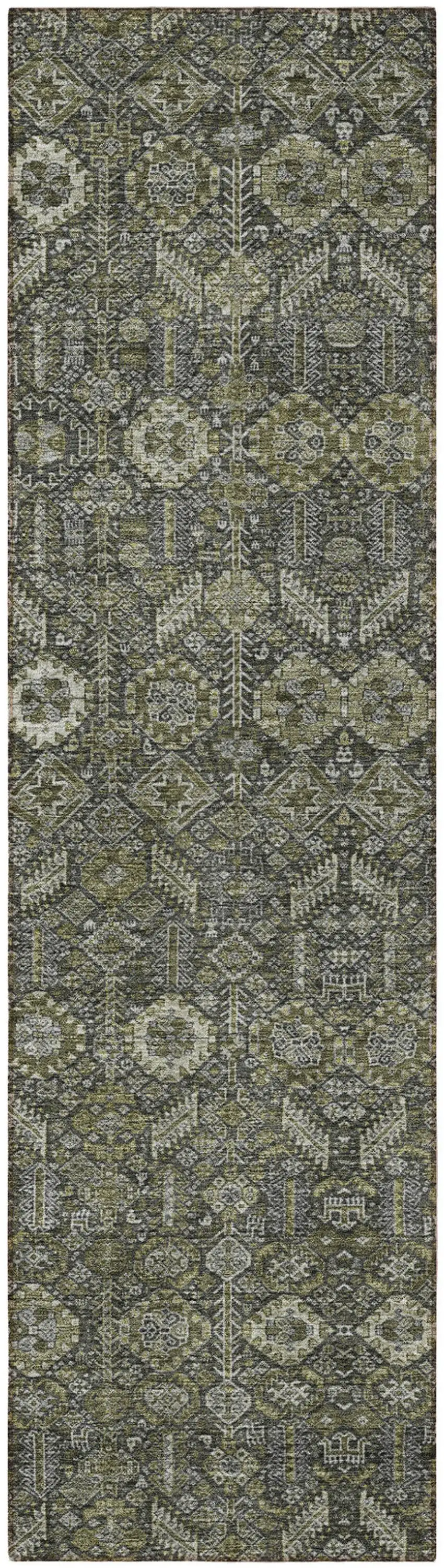 Moss Green and Gray Floral Washable Non Skid Indoor Outdoor Runner Rug Photo 4