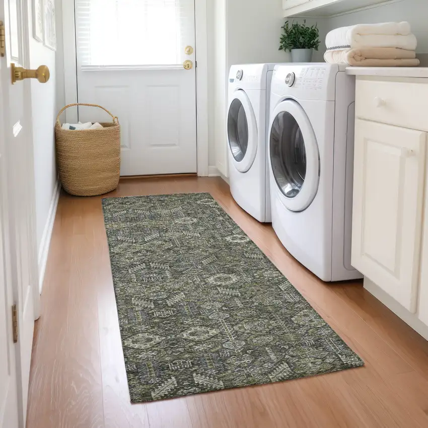 8' Runner Moss Green and Gray Floral Washable Non Skid Indoor Outdoor Runner Rug Photo 9