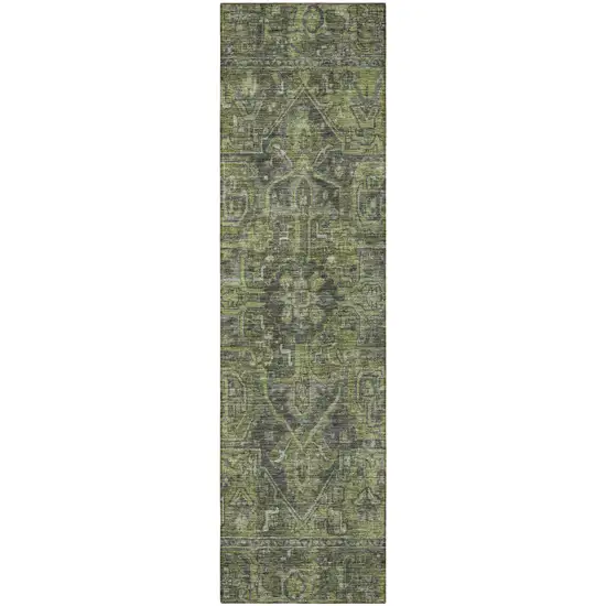 Moss Green and Gray Oriental Washable Non Skid Indoor Outdoor Runner Rug Photo 3