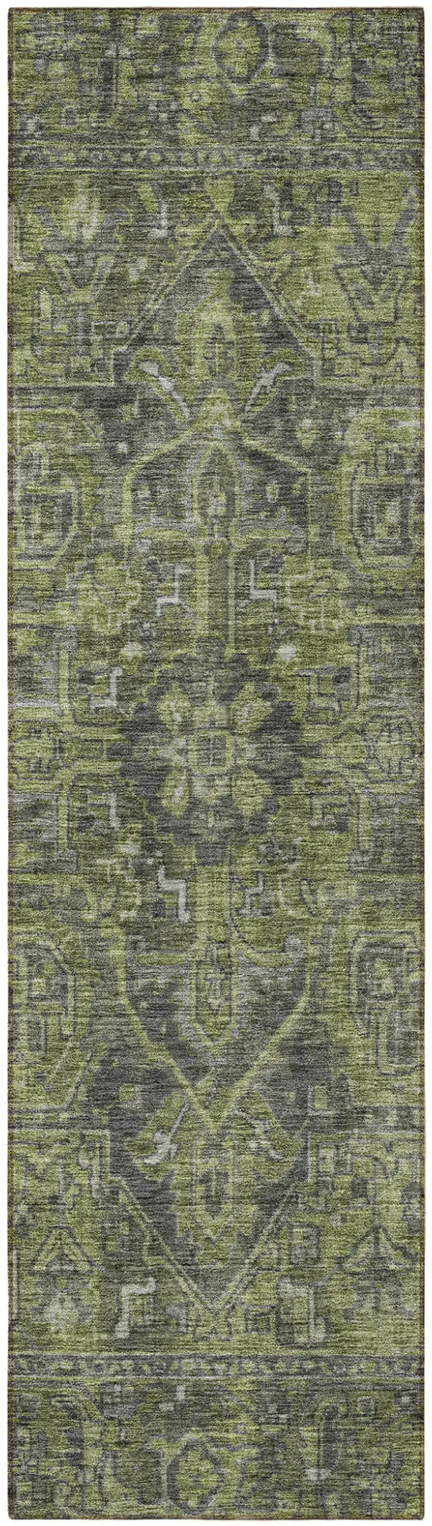 Moss Green and Gray Oriental Washable Non Skid Indoor Outdoor Runner Rug Photo 3
