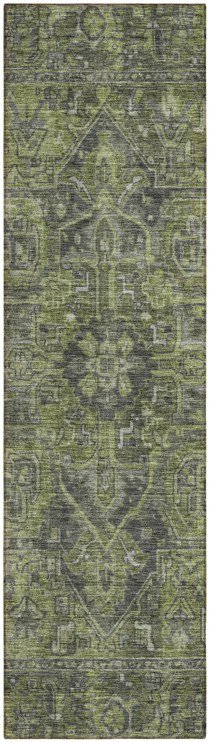 8' Runner Moss Green and Gray Oriental Washable Non Skid Indoor Outdoor Runner Rug Photo 2