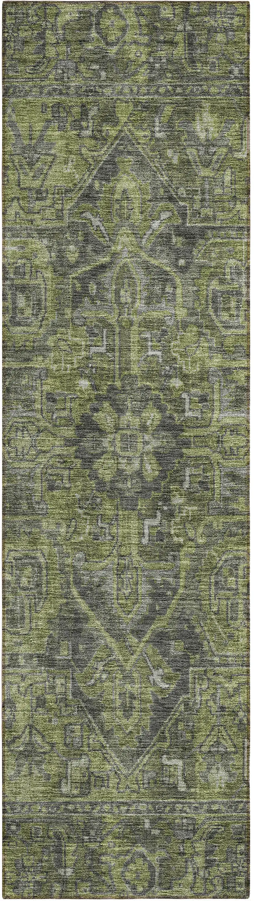 8' Runner Moss Green and Gray Oriental Washable Non Skid Indoor Outdoor Runner Rug Photo 2
