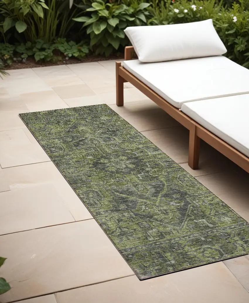 8' Runner Moss Green and Gray Oriental Washable Non Skid Indoor Outdoor Runner Rug Photo 1
